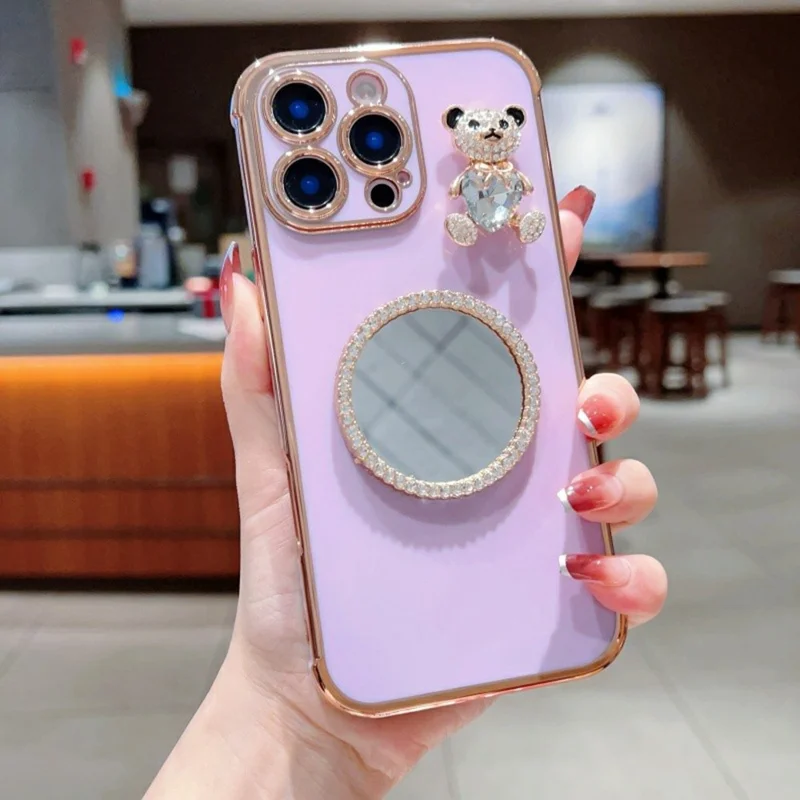 For iPhone 16 Pro Case Love Heart Pattern Electroplated TPU Phone Cover with Small Bear and Mirror - Lavender Purple