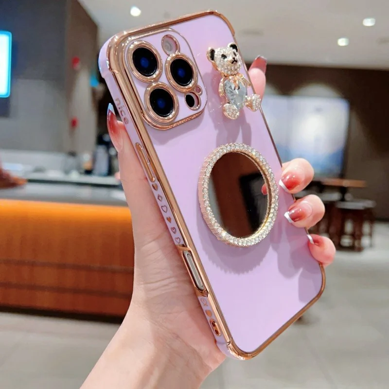 For iPhone 16 Pro Case Love Heart Pattern Electroplated TPU Phone Cover with Small Bear and Mirror - Lavender Purple
