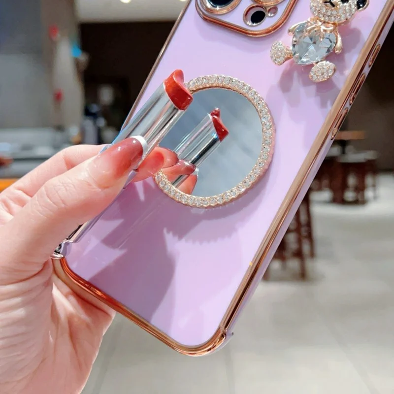 For iPhone 16 Pro Case Love Heart Pattern Electroplated TPU Phone Cover with Small Bear and Mirror - Lavender Purple