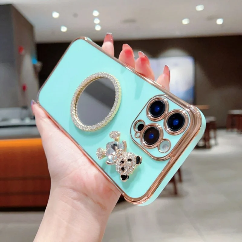 For iPhone 16 Pro Case Love Heart Pattern Electroplated TPU Phone Cover with Small Bear and Mirror - Lavender Purple