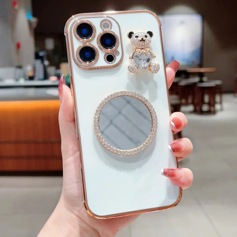 For iPhone 16 Pro Max Case Love Heart Pattern Electroplated TPU Phone Cover with Small Bear and Mirror - Ivory White