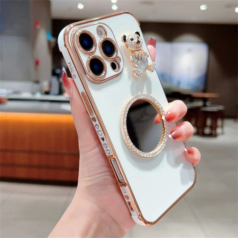 For iPhone 16 Pro Max Case Love Heart Pattern Electroplated TPU Phone Cover with Small Bear and Mirror - Ivory White