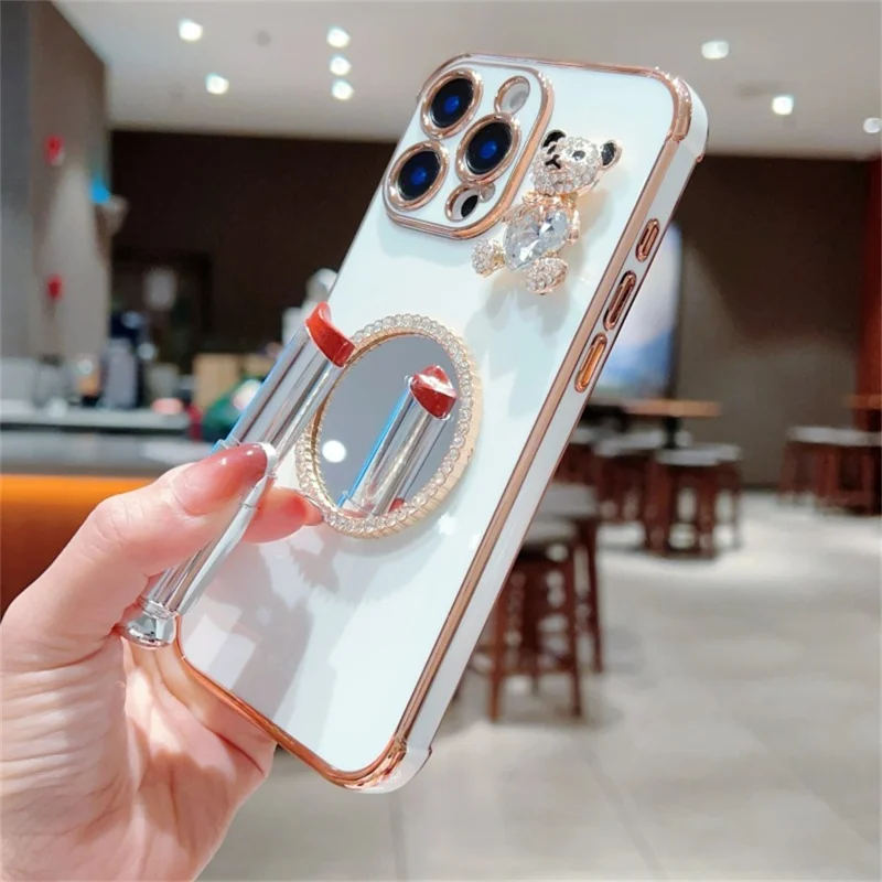 For iPhone 16 Pro Max Case Love Heart Pattern Electroplated TPU Phone Cover with Small Bear and Mirror - Ivory White