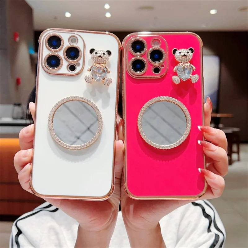 For iPhone 16 Pro Max Case Love Heart Pattern Electroplated TPU Phone Cover with Small Bear and Mirror - Ivory White
