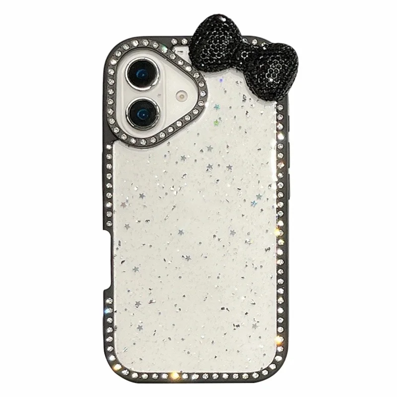 For iPhone 16 Case Star Epoxy Design TPU + PC Phone Cover with Rhinestones / Bow Tie Decor - Black