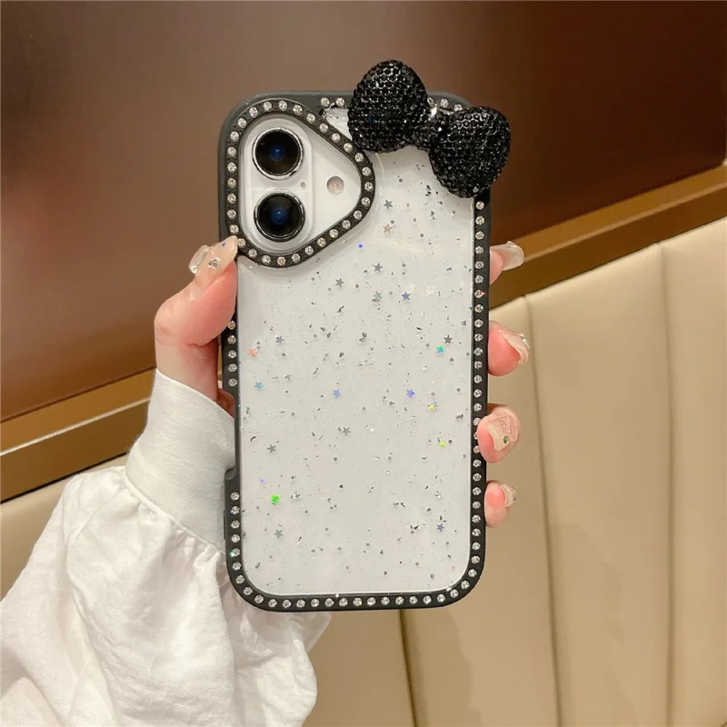 For iPhone 16 Case Star Epoxy Design TPU + PC Phone Cover with Rhinestones / Bow Tie Decor - Black