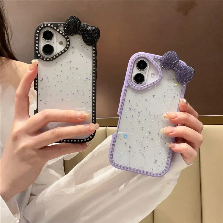 For iPhone 16 Case Star Epoxy Design TPU + PC Phone Cover with Rhinestones / Bow Tie Decor - Black