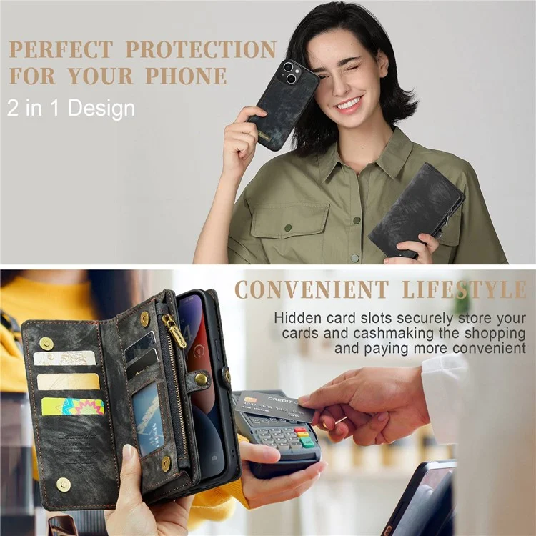 CASEME 008 Series for iPhone 14 PU Leather Zipper Pocket Detachable Magnetic Phone Case Multi-Functional Wallet Stand Cover with Strap - Black