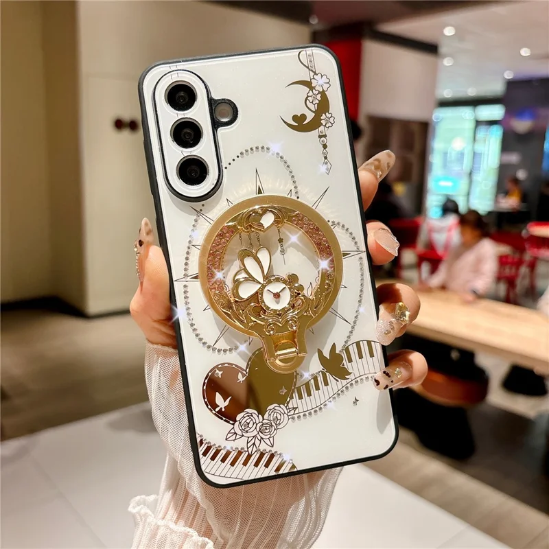 For Samsung Galaxy A36 5G Magnetic Case Kickstand TPU + PC Rhinestones Decor Phone Cover - White