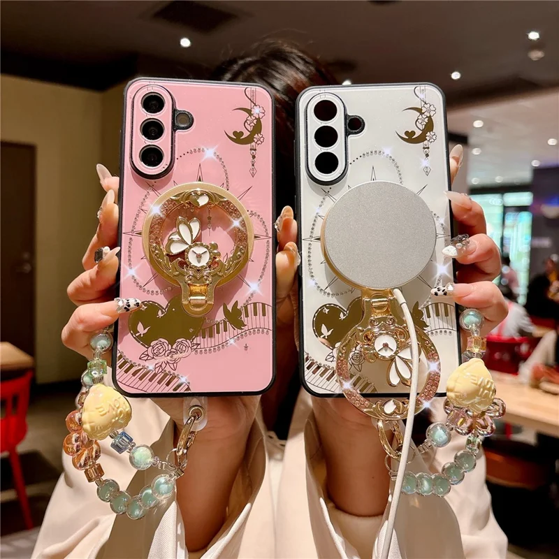 For Samsung Galaxy A36 5G Magnetic Case Kickstand TPU + PC Rhinestones Decor Phone Cover - White