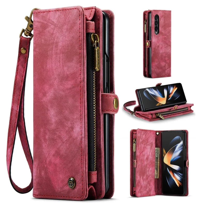 CASEME 008 Series for Samsung Galaxy Z Fold4 5G Detachable Magnetic Zipper Wallet Case PU Leather Stand Flip Multi-Functional Phone Cover with Strap - Red