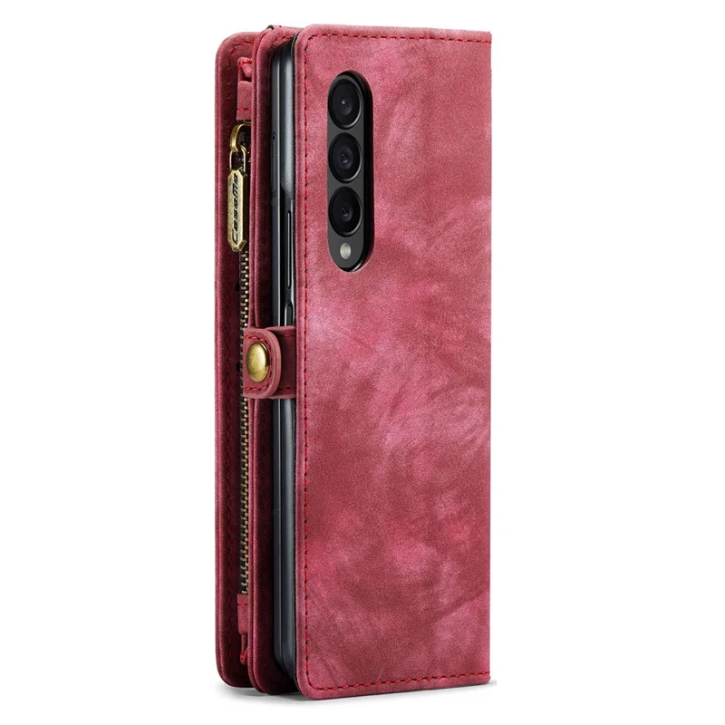 CASEME 008 Series for Samsung Galaxy Z Fold4 5G Detachable Magnetic Zipper Wallet Case PU Leather Stand Flip Multi-Functional Phone Cover with Strap - Red