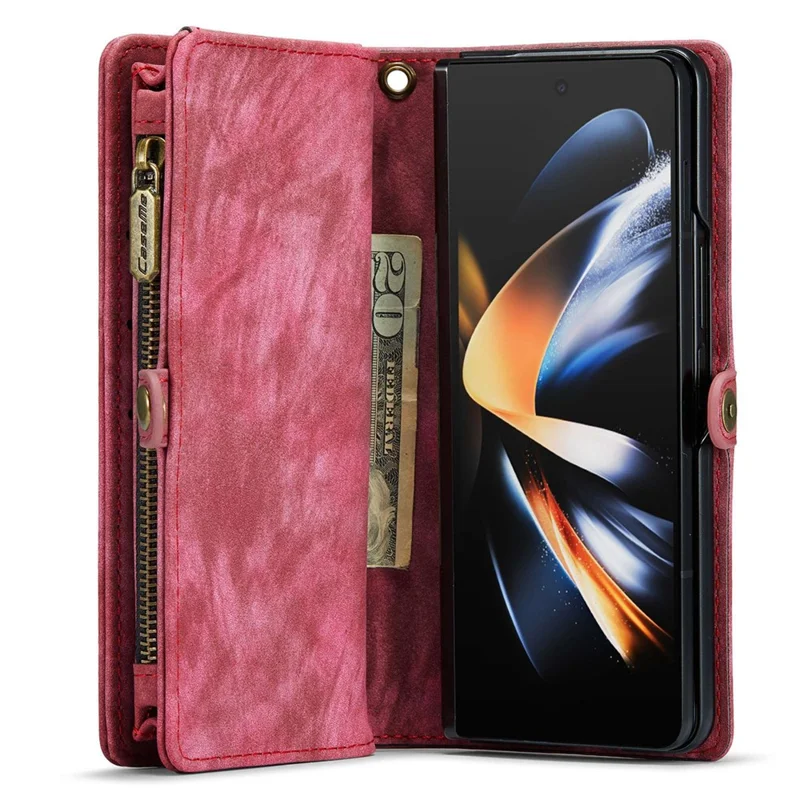 CASEME 008 Series for Samsung Galaxy Z Fold4 5G Detachable Magnetic Zipper Wallet Case PU Leather Stand Flip Multi-Functional Phone Cover with Strap - Red