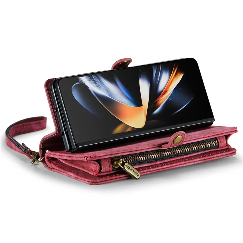 CASEME 008 Series for Samsung Galaxy Z Fold4 5G Detachable Magnetic Zipper Wallet Case PU Leather Stand Flip Multi-Functional Phone Cover with Strap - Red