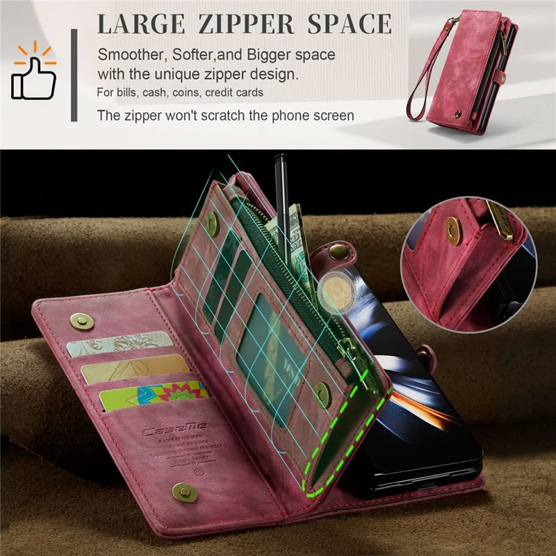 CASEME 008 Series for Samsung Galaxy Z Fold4 5G Detachable Magnetic Zipper Wallet Case PU Leather Stand Flip Multi-Functional Phone Cover with Strap - Red