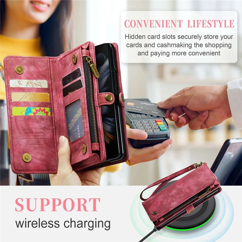 CASEME 008 Series for Samsung Galaxy Z Fold4 5G Detachable Magnetic Zipper Wallet Case PU Leather Stand Flip Multi-Functional Phone Cover with Strap - Red