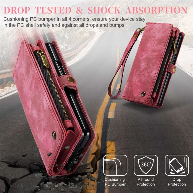 CASEME 008 Series for Samsung Galaxy Z Fold4 5G Detachable Magnetic Zipper Wallet Case PU Leather Stand Flip Multi-Functional Phone Cover with Strap - Red