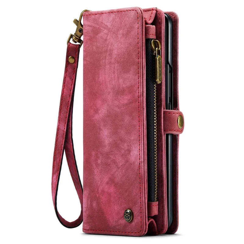 CASEME 008 Series for Samsung Galaxy Z Fold4 5G Detachable Magnetic Zipper Wallet Case PU Leather Stand Flip Multi-Functional Phone Cover with Strap - Red