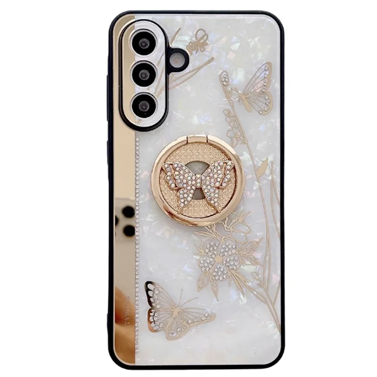 For Samsung Galaxy A56 5G Case Rhinestones Decor Kickstand TPU+PC Butterfly Floral Phone Cover - White