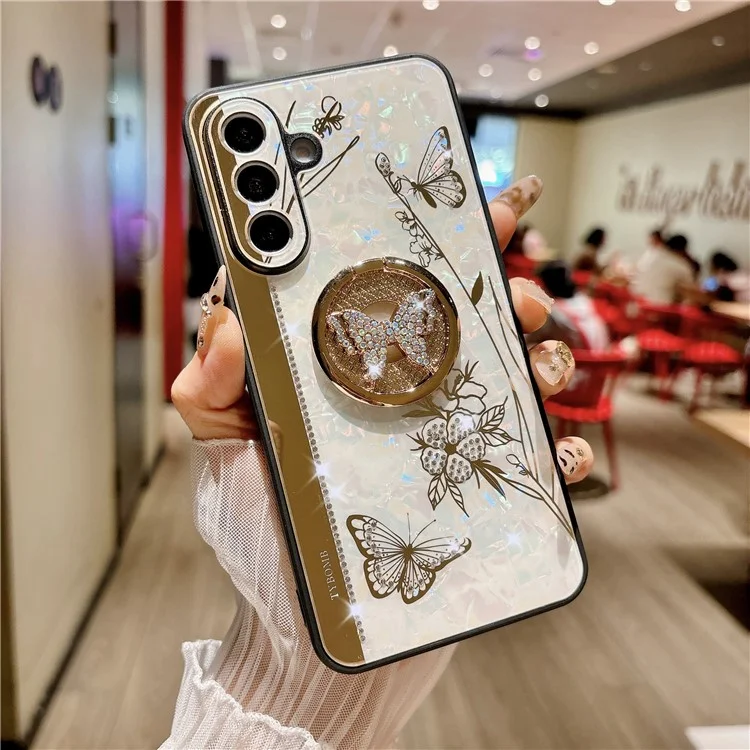 For Samsung Galaxy A56 5G Case Rhinestones Decor Kickstand TPU+PC Butterfly Floral Phone Cover - White