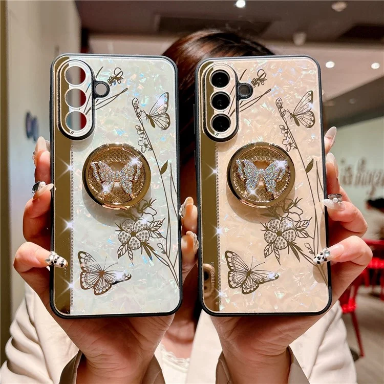 For Samsung Galaxy A56 5G Case Rhinestones Decor Kickstand TPU+PC Butterfly Floral Phone Cover - White