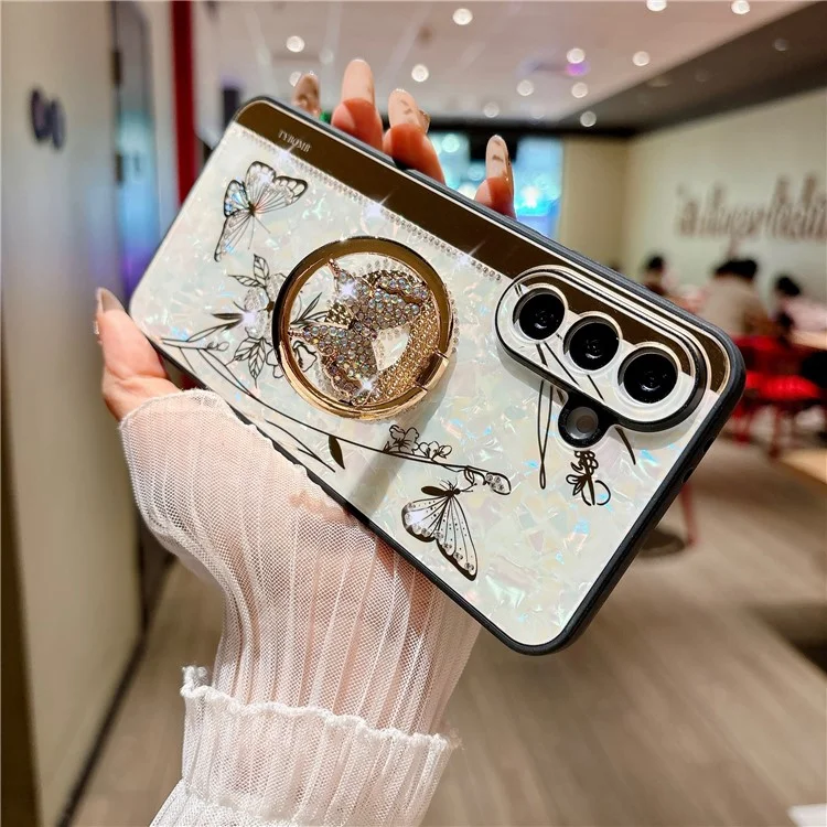 For Samsung Galaxy A56 5G Case Rhinestones Decor Kickstand TPU+PC Butterfly Floral Phone Cover - White
