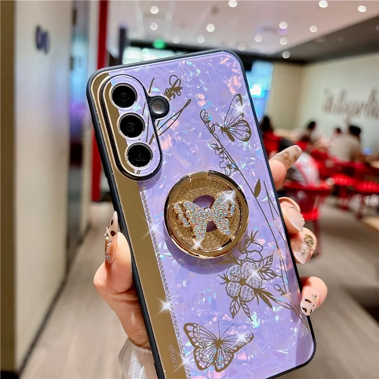 For Samsung Galaxy A56 5G Case Rhinestones Decor Kickstand TPU+PC Butterfly Floral Phone Cover - White