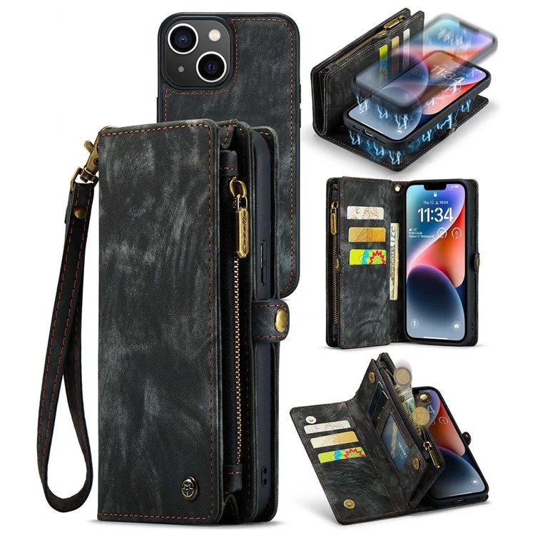 CASEME 008 Series for iPhone 14 Plus PU Leather Detachable Magnetic Handbag Phone Case Multi-Functional Zipper Pocket Wallet Stand Cover with Strap - Black