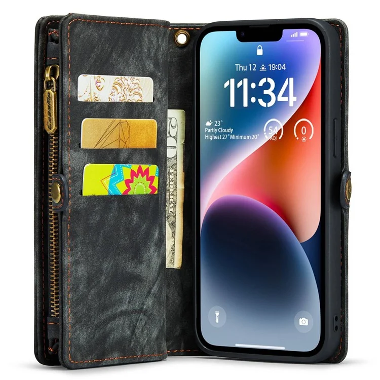 CASEME 008 Series for iPhone 14 Plus PU Leather Detachable Magnetic Handbag Phone Case Multi-Functional Zipper Pocket Wallet Stand Cover with Strap - Black