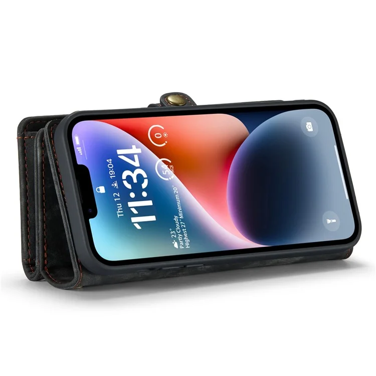CASEME 008 Series for iPhone 14 Plus PU Leather Detachable Magnetic Handbag Phone Case Multi-Functional Zipper Pocket Wallet Stand Cover with Strap - Black