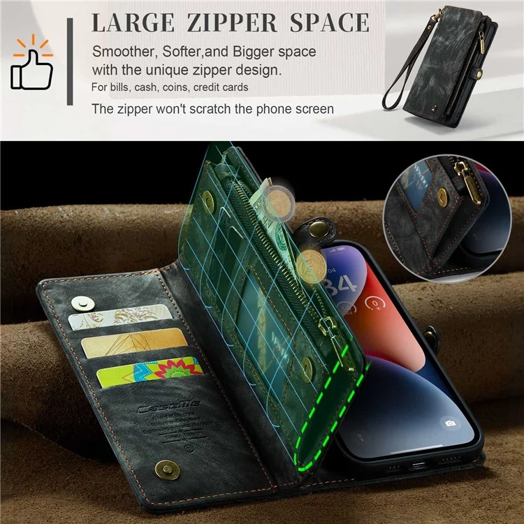 CASEME 008 Series for iPhone 14 Plus PU Leather Detachable Magnetic Handbag Phone Case Multi-Functional Zipper Pocket Wallet Stand Cover with Strap - Black