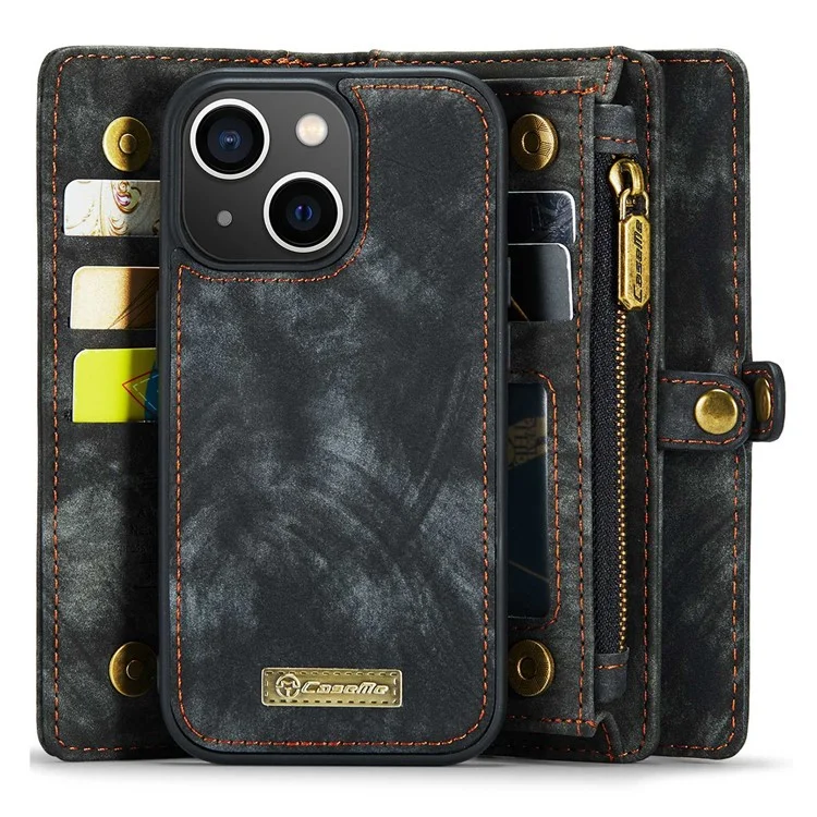 CASEME 008 Series for iPhone 14 Plus PU Leather Detachable Magnetic Handbag Phone Case Multi-Functional Zipper Pocket Wallet Stand Cover with Strap - Black