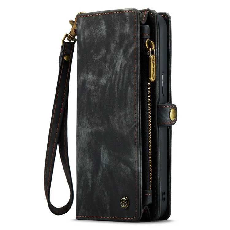 CASEME 008 Series for iPhone 14 Plus PU Leather Detachable Magnetic Handbag Phone Case Multi-Functional Zipper Pocket Wallet Stand Cover with Strap - Black