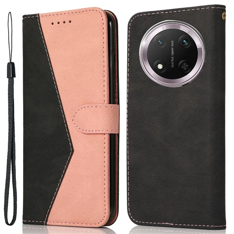 For Honor X9c 5G Case Color Splicing Wallet Stand Leather Phone Cover with Wrist Strap - Black / Rose Gold
