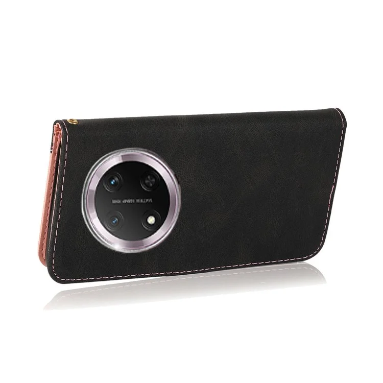 For Honor X9c 5G Case Color Splicing Wallet Stand Leather Phone Cover with Wrist Strap - Black / Rose Gold