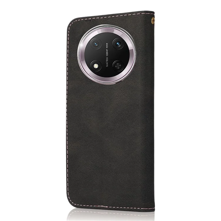 For Honor X9c 5G Case Color Splicing Wallet Stand Leather Phone Cover with Wrist Strap - Black / Rose Gold