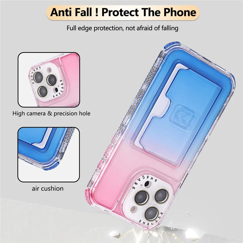 For iPhone 16 Pro Max Case Card Holder Gradient Color PC + TPU Anti Drop Phone Back Cover with Lens Film - Pink  /  Blue