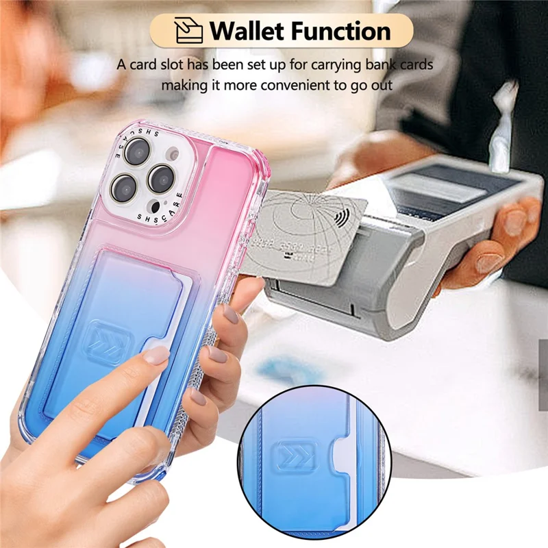 For iPhone 16 Pro Max Case Card Holder Gradient Color PC + TPU Anti Drop Phone Back Cover with Lens Film - Pink  /  Blue