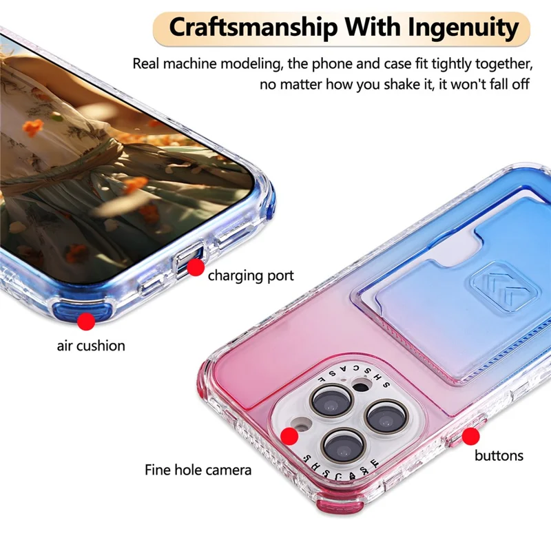 For iPhone 16 Pro Max Case Card Holder Gradient Color PC + TPU Anti Drop Phone Back Cover with Lens Film - Pink  /  Blue