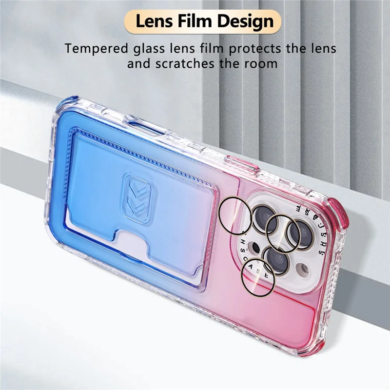 For iPhone 16 Pro Max Case Card Holder Gradient Color PC + TPU Anti Drop Phone Back Cover with Lens Film - Pink  /  Blue