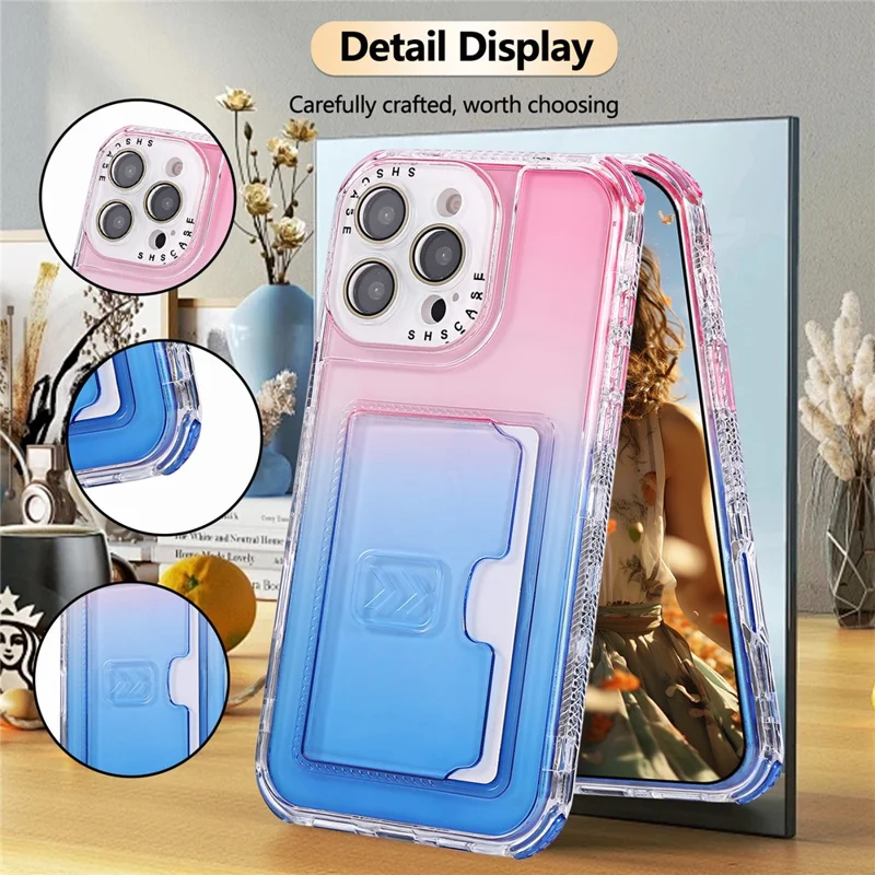 For iPhone 16 Pro Max Case Card Holder Gradient Color PC + TPU Anti Drop Phone Back Cover with Lens Film - Pink  /  Blue