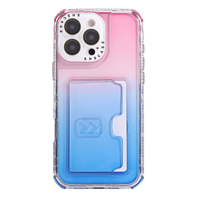 For iPhone 16 Pro Max Case Card Holder Gradient Color PC + TPU Anti Drop Phone Back Cover with Lens Film - Pink  /  Blue