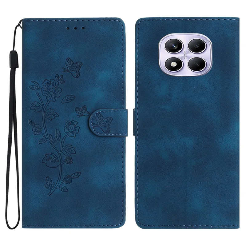 For Xiaomi Redmi Note 14 Pro 4G Case Leather Imprinted Flower Phone Cover Wallet with Wrist Strap - Blue
