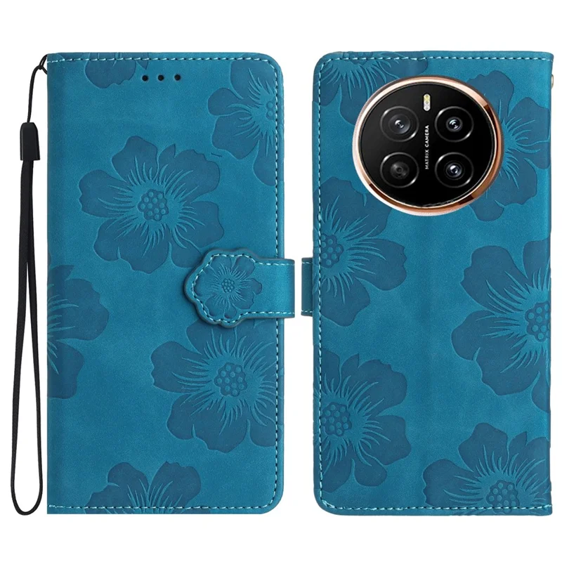 Capa para Honor Magic7 Pro 5G Design de Flores em Couro Carteira com Alça de Pulso - Azul
