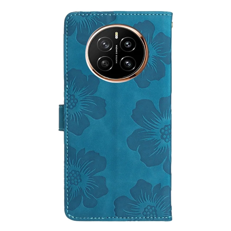 Capa para Honor Magic7 Pro 5G Design de Flores em Couro Carteira com Alça de Pulso - Azul