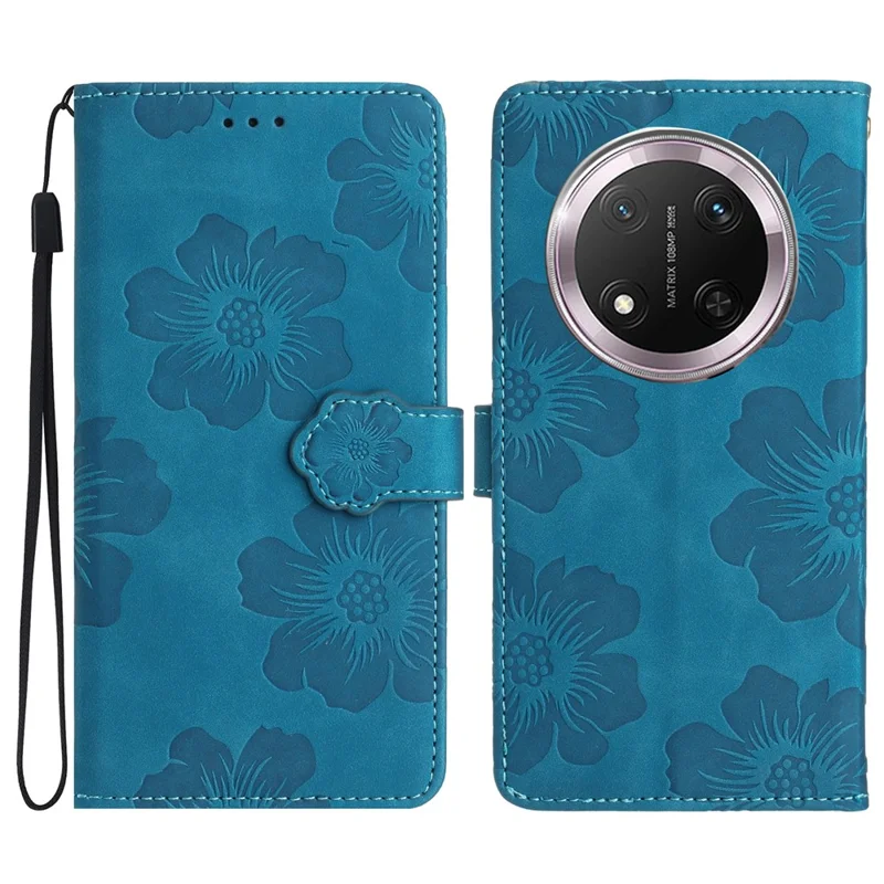 Voor Honor Magic7 Lite 5G / X9c 5G / X60 Pro 5G hoesje met bloemenontwerp Lederen portemonnee hoes met polsbandje - Blauw