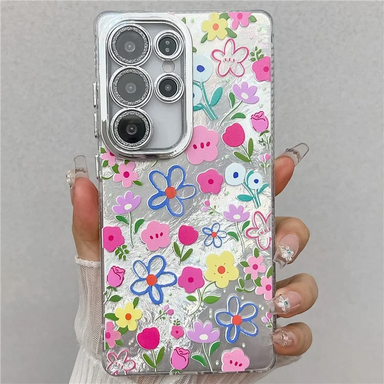 For Samsung Galaxy S25 Ultra Case Floral Pattern Design IMD PC + TPU Phone Back Cover with Glass Lens Film - FH4