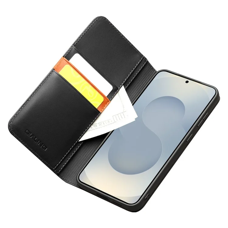 QIALINO Чехол-книжка из натуральной коровьей кожи для Samsung Galaxy S25 Edge с подставкой и отделением для карт - Черный