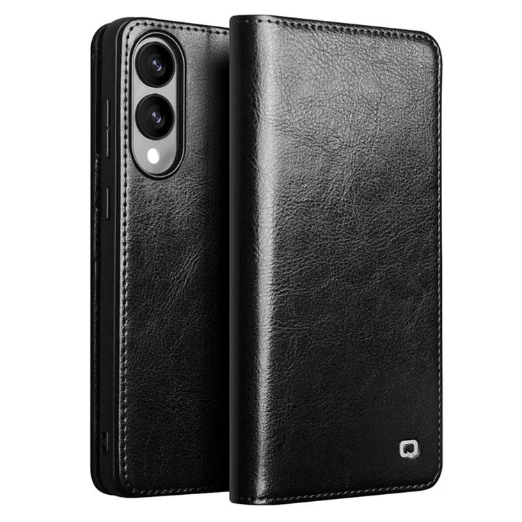 QIALINO pour Samsung Galaxy S25 Edge Étui Portefeuille Support en Cuir de Vache Véritable - Noir