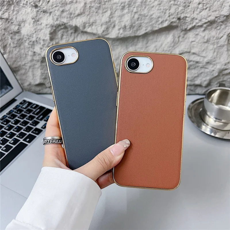 For iPhone 16e Hoesje Nappa Structuur PC + PU + TPU Telefoon Achterkant - Bruin